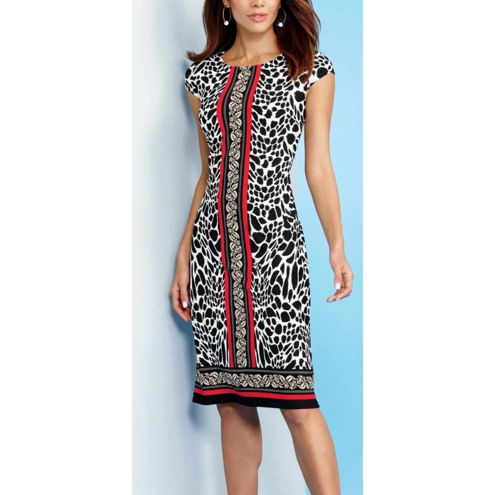 Madison Leigh Animal Print Sheath Dress Red Border Stripe Cap Sleeve Womens 12